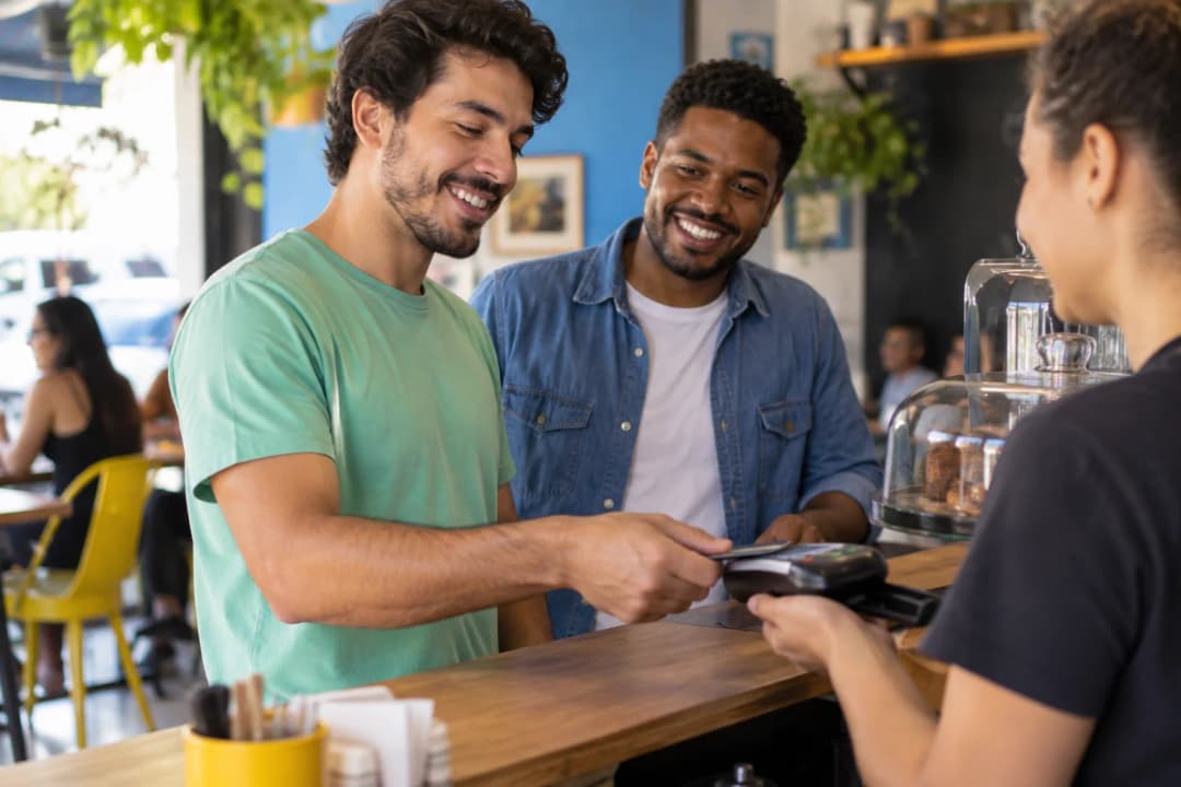 Amigos acompanham o pagamento com cartão no balcão de um café
