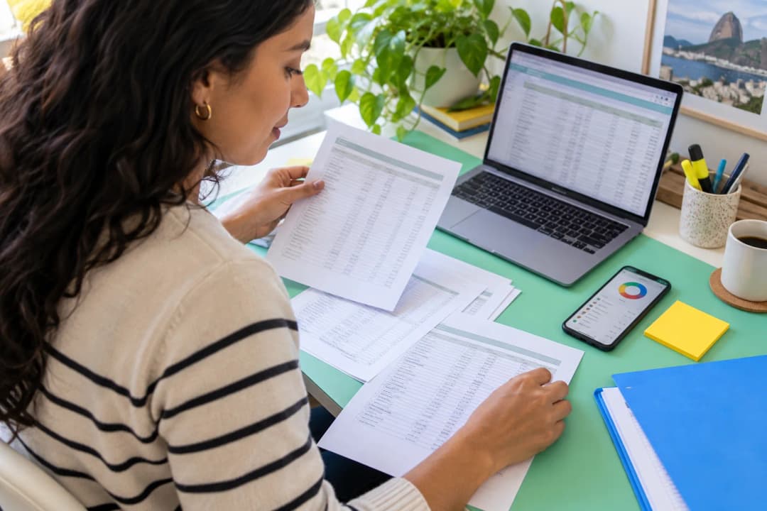 Pessoa compara planilhas impressas com os registros no computador